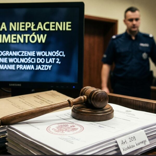 Na grafice przedstawiono symboliczne ujęcie konsekwencji prawnych związanych z niepłaceniem alimentów. Na pierwszym planie znajduje się drewniany młotek sędziowski oraz akta sprawy z widocznym oznaczeniem art. 209 Kodeksu karnego, który dotyczy przestępstwa uchylania się od obowiązku alimentacyjnego. W tle widoczny jest monitor z napisem „Kara za niepłacenie alimentów”, wymieniający możliwe sankcje: grzywnę, karę ograniczenia wolności, karę pozbawienia wolności do 2 lat oraz zatrzymanie prawa jazdy. Obok stoją funkcjonariusz policji i osoba w kajdankach, co podkreśla, że uporczywe uchylanie się od płacenia alimentów może prowadzić do odpowiedzialności karnej.