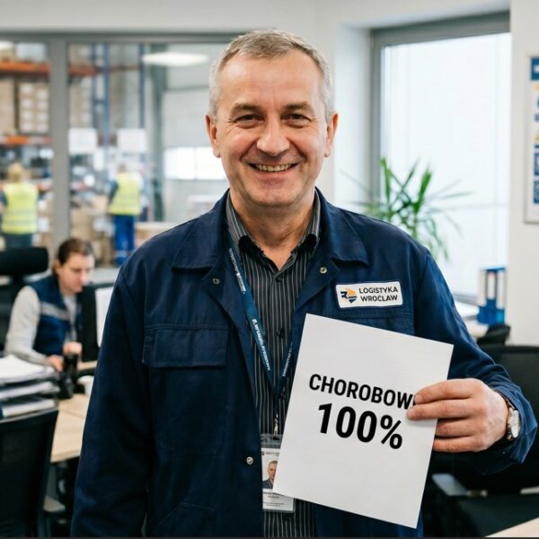 Uśmiechnięty pracownik w niebieskim stroju roboczym stoi w biurze firmy logistycznej i trzyma białą kartkę z dużym, wyraźnym napisem „CHOROBOWE 100%”. W tle widać innych pracowników przy biurkach oraz fragment magazynu.