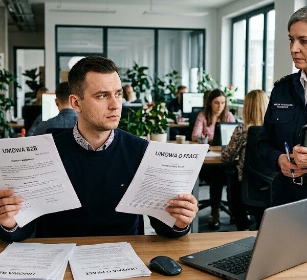 Zamyślony pracownik analizuje umowę B2B i umowę o pracę podczas kontroli PIP w Opolu. Pomoc prawną w takich sprawach zapewnia radca prawny i adwokat Opole.