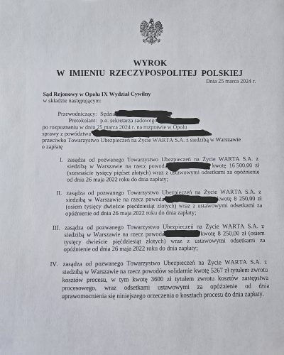 To zdjęcie przedstawia dokument prawny zatytułowany „WYROK W IMIENIU RZECZYPOSPOLITEJ POLSKIEJ”, datowany na 25 marca 2024 roku. Jest to orzeczenie Sądu Rejonowego w Opolu, IX Wydział Cywilny, dotyczące sprawy z udziałem Towarzystwa Ubezpieczeń na Życie WARTA S.A. z siedzibą w Warszawie.